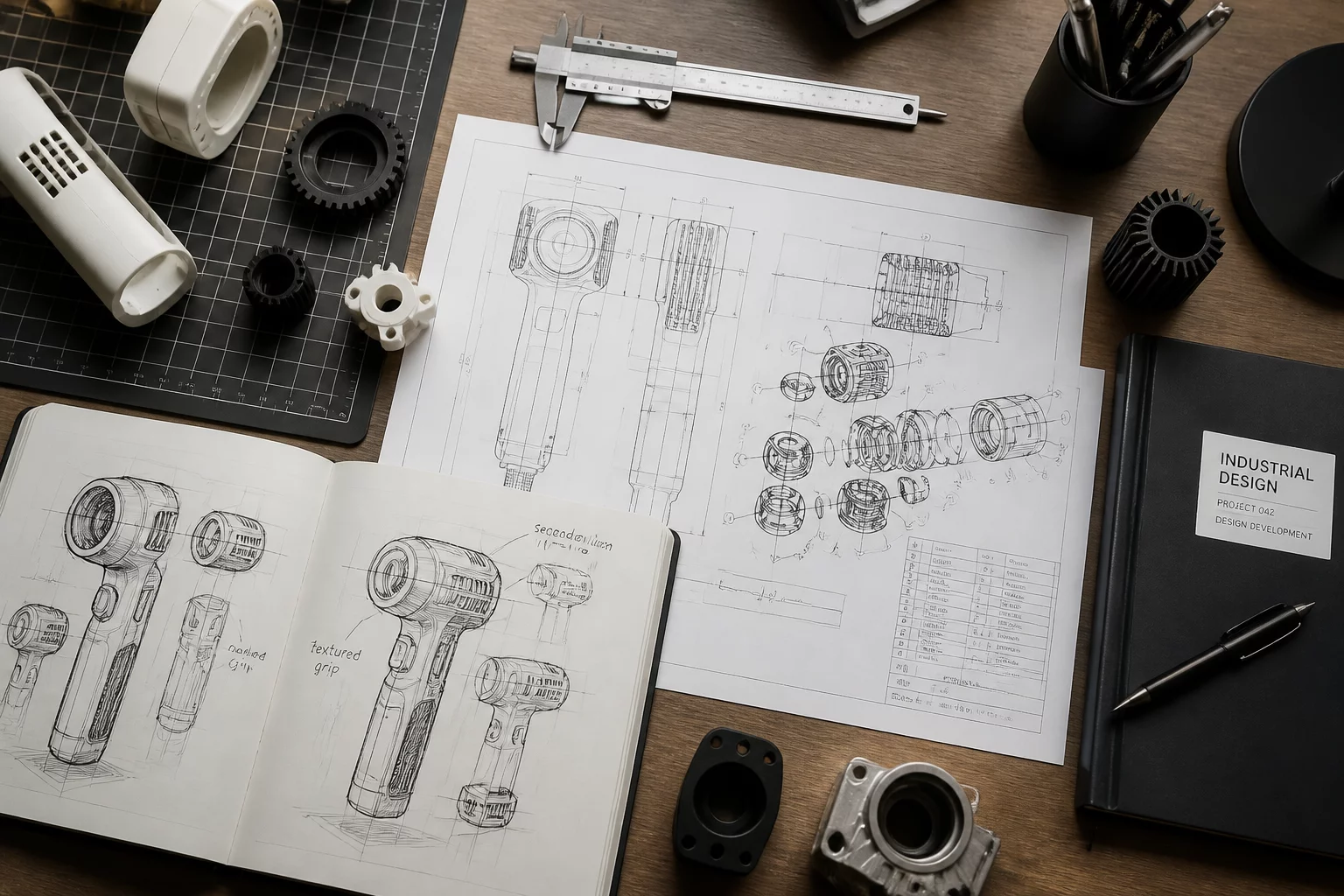 Industrial design blueprints and precision tools on engineer desk